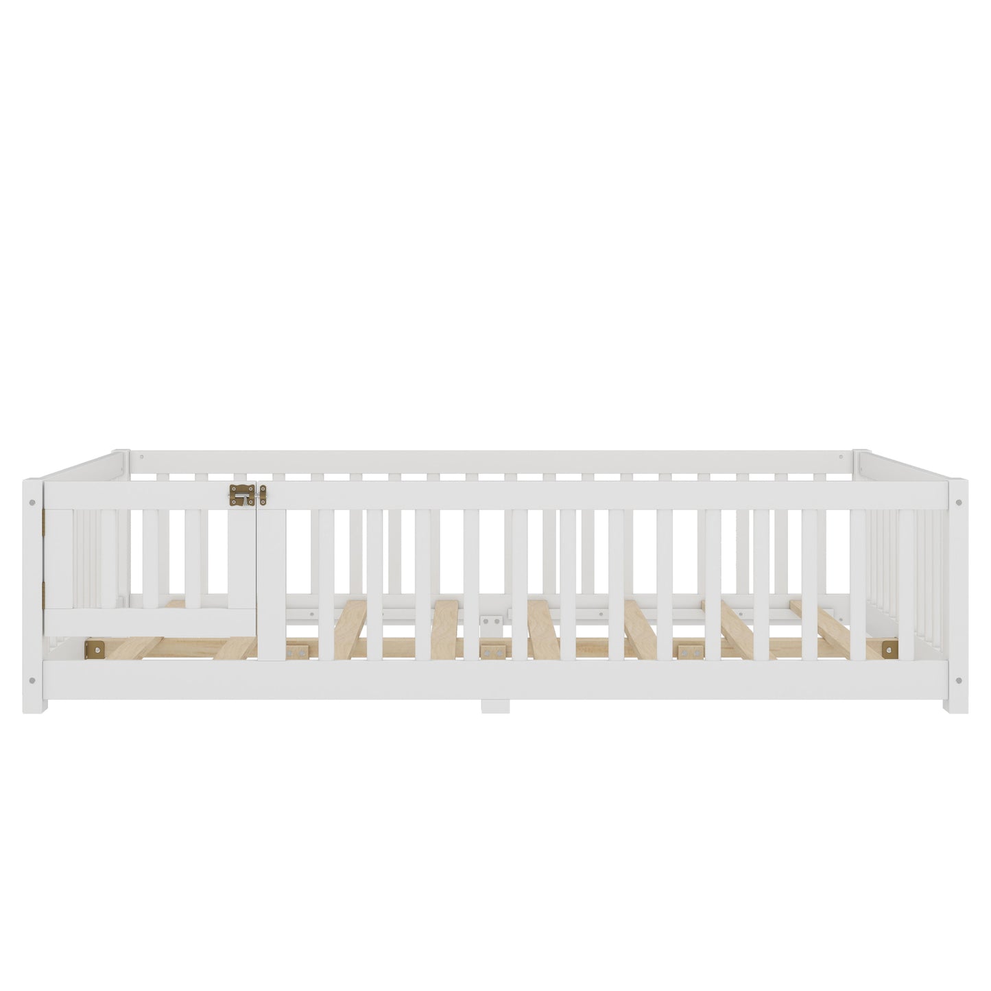 variant-group:rf-w1580p338950|Roomfitters Wooden Full Floor Bed Frame with Door & Safety Guardrails, Low Platform Design for Bedroom or Playroom, White