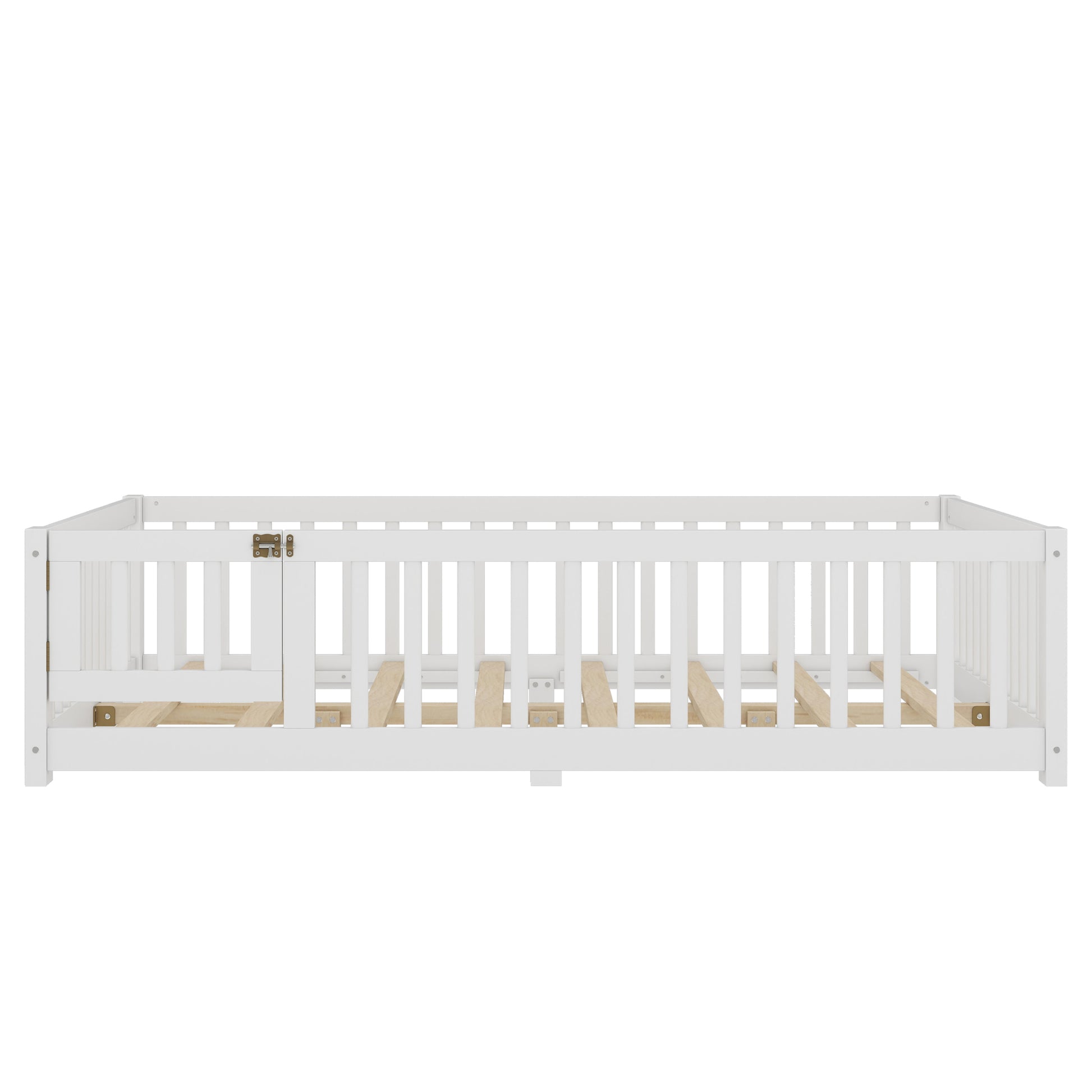variant-group:rf-w1580p338950|Roomfitters Wooden Full Floor Bed Frame with Door & Safety Guardrails, Low Platform Design for Bedroom or Playroom, White