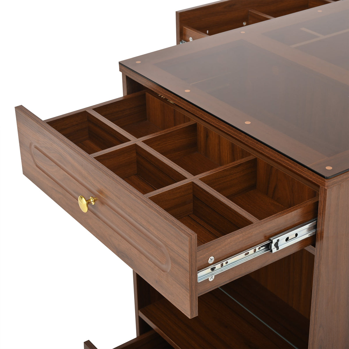 Roomfitters Closet Island with 6 Drawers, Glass Display Top and Open Shelves, Wardrobe Storage and Jewelry Vanity, Walnut