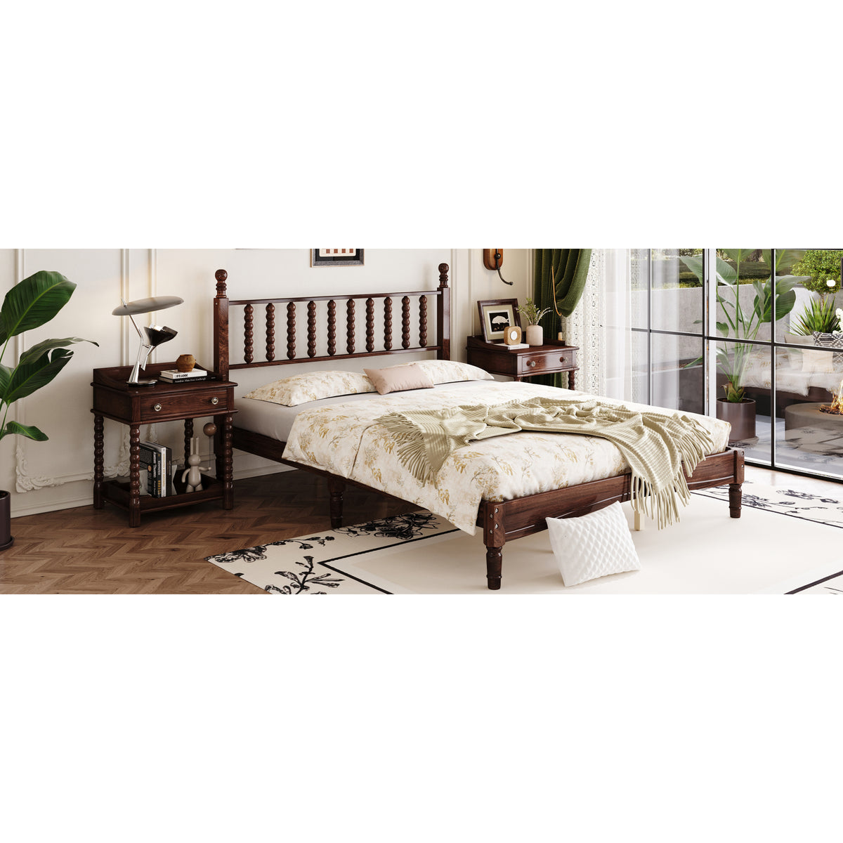 variant-group:rf-n733p206242d|Roomfitters Queen Size Wood Platform Bed with Gourd Shaped Headboard, Retro Style Platform Bed with Wooden Slat Support, Walnut