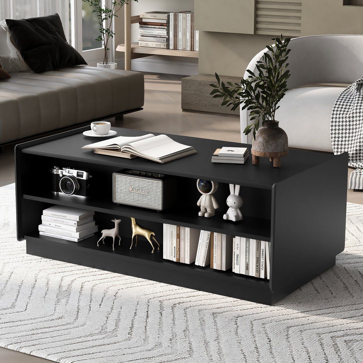 variant-group:rf-n724p286421b|Roomfitters Rectangle Coffee Table with Fluted Style, 4 Storage Compartments and Glass Display Shelves, Black
