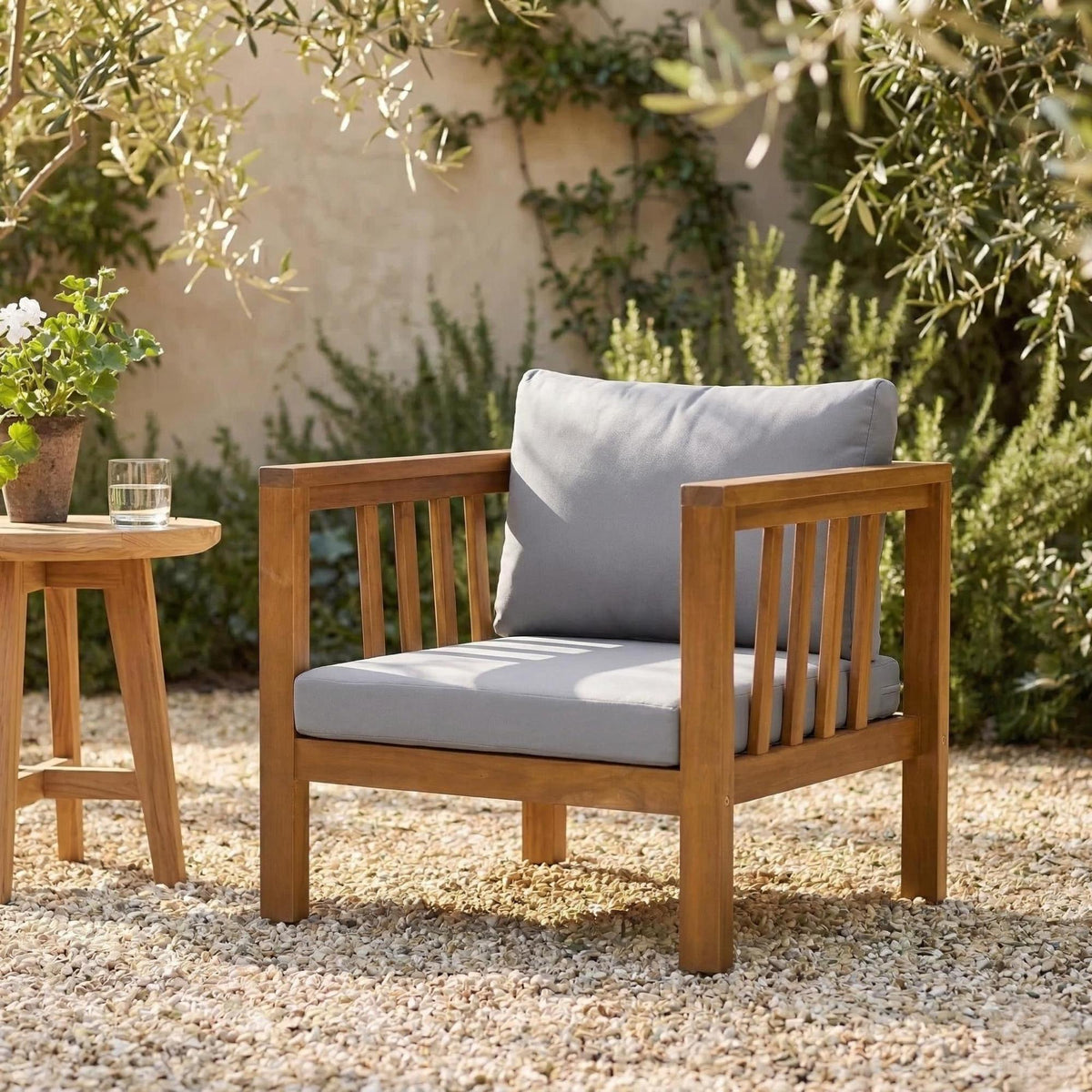 variant-group:rf-n704p448452e|Roomfitters Outdoor Acacia Wood Club Chair with Modern Mid-Century Square Arms and Thick Cushion Gray