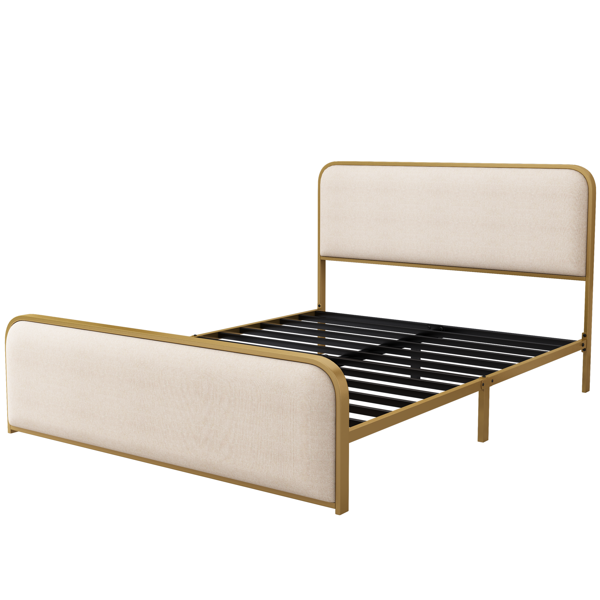 Roomfitters Queen Size Modern Upholstered Platform Bed Frame with Gold Metal Trim, Curved Headboard, No Box Spring, Beige+Gold Roomfitters