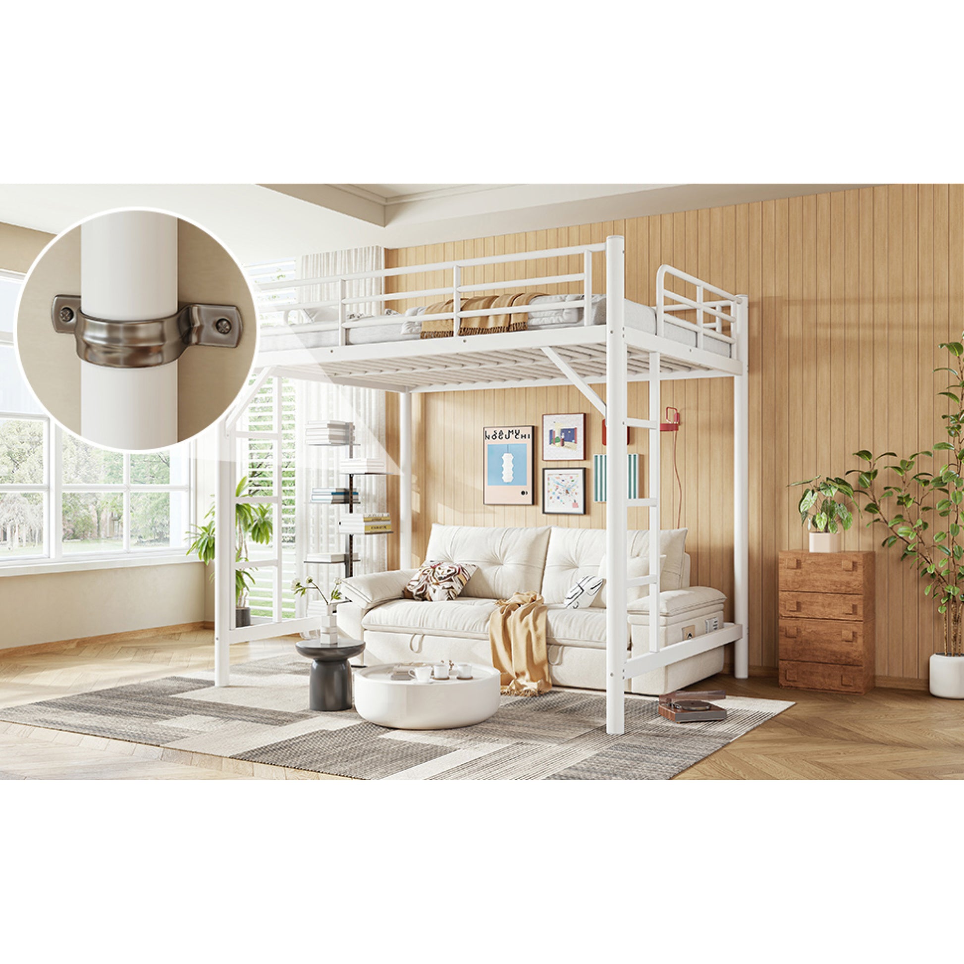 variant-group:rf-w1580p455016|Roomfitters Full Size Metal Loft Bed Frame with Guardrails, Heavy Duty Space Saving High Loft Bed Dual Ladders, White