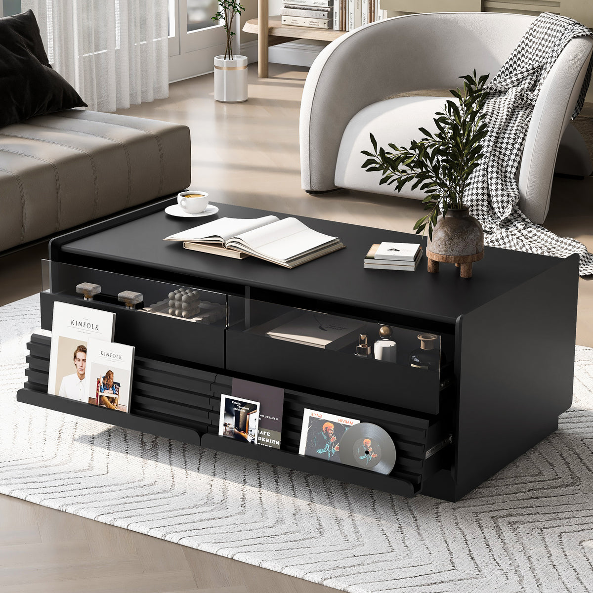 variant-group:rf-n724p286421b|Roomfitters Rectangle Coffee Table with Fluted Style, 4 Storage Compartments and Glass Display Shelves, Black