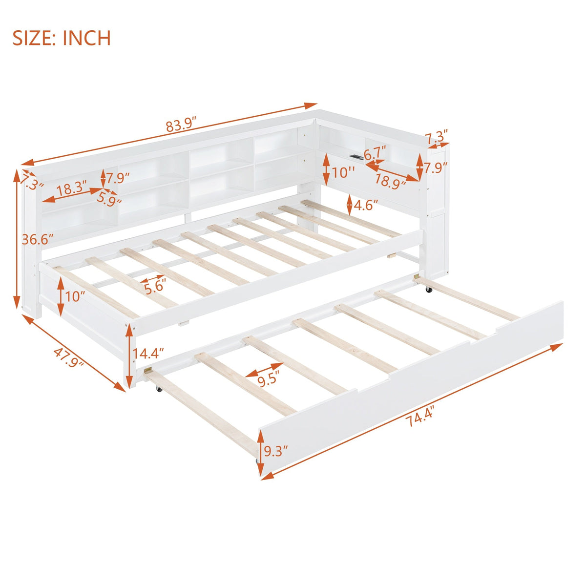 Roomfitters Wooden Twin Daybed with Twin Trundle, Storage Shelf & USB Charging Ports, White