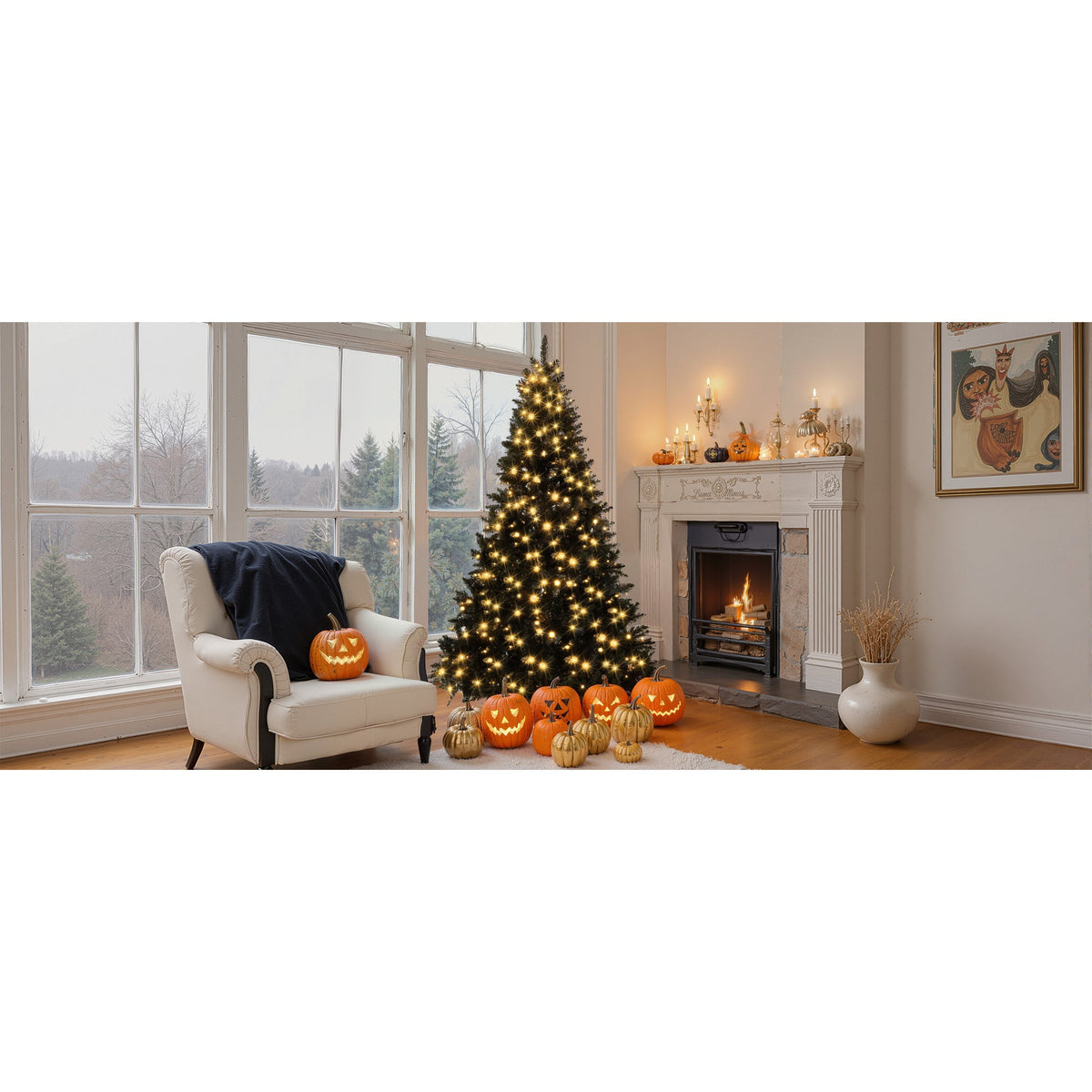 Roomfitters Pre-Lit Black Artificial Christmas Tree 6FT, Hinged Holiday Spruce Tree with 920 Tips and Color-Changing Lights Roomfitters