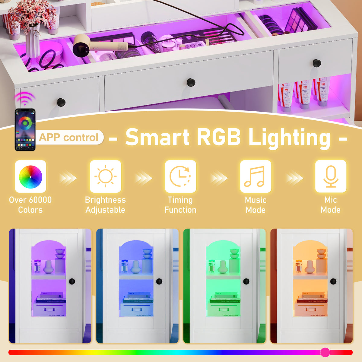 variant-group:rf-n704p407114k|Roomfitters 43.2" Makeup Vanity Desk with LED Lighted Mirror, Glass Door Cabinets, Charging Station and Stool, White