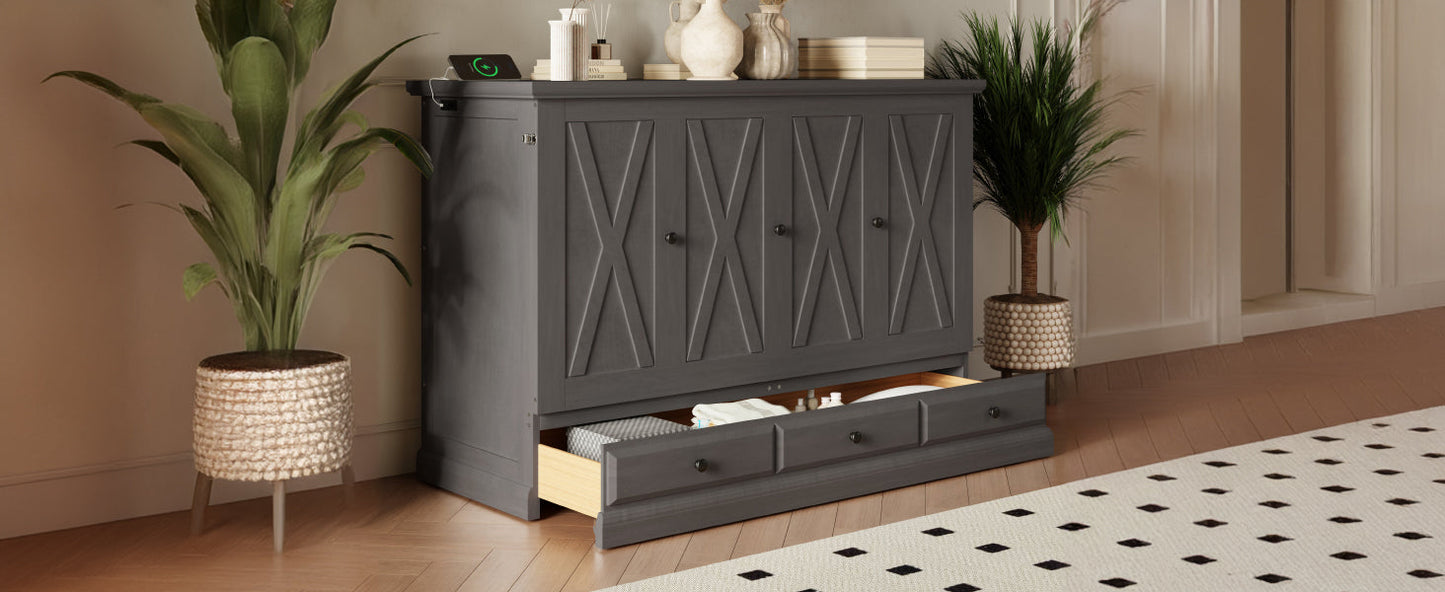 Roomfitters Full Size Solid Wood Murphy Bed Chest Cabinet, Farmhouse Wall Bed Charging Station Storage Drawer, Grey Roomfitters