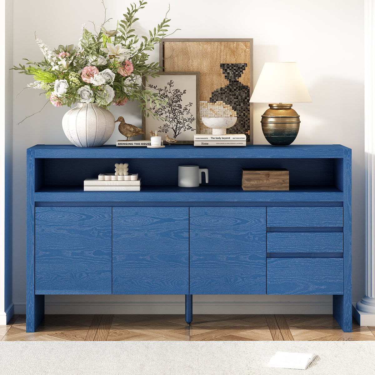 variant-group:rf-n711p289141v|Roomfitters 60" Modern Solid Wood Veneer Sideboard with 3 Doors & 3 Drawers, Open Shelf & Cable Cutout, Large Storage Cabinet for Dining, Hallway, Living Room, Navy Blue