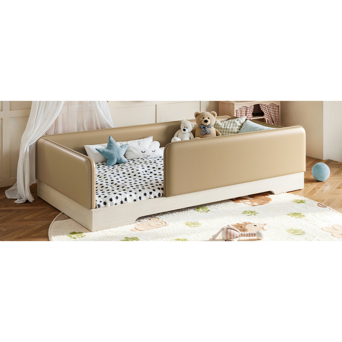 variant-group:rf-w1580p493126|Roomfitters Twin Size Upholstered Floor Bed Frame with Removable Guardrails, Faux Leather Low Profile Platform, Brown