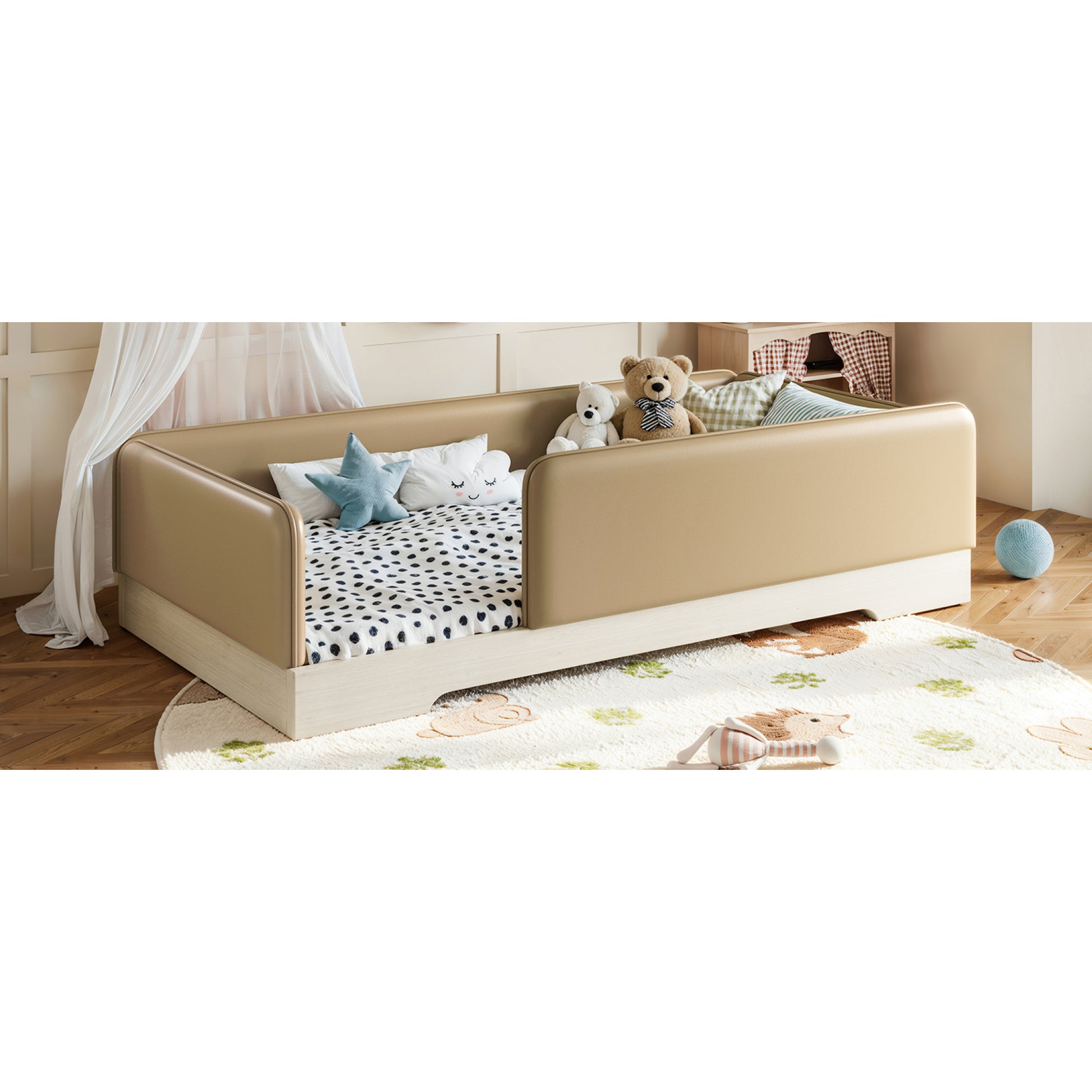 variant-group:rf-w1580p493126|Roomfitters Twin Size Upholstered Floor Bed Frame with Removable Guardrails, Faux Leather Low Profile Platform, Brown