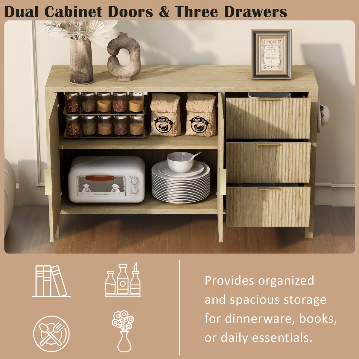 variant-group:rf-n711p345172o|Roomfitters Sideboard Buffet Cabinet with 3 Drawers, 2 Door Mid-century Fluted Accent Storage for Kitchen & Dining, Natural