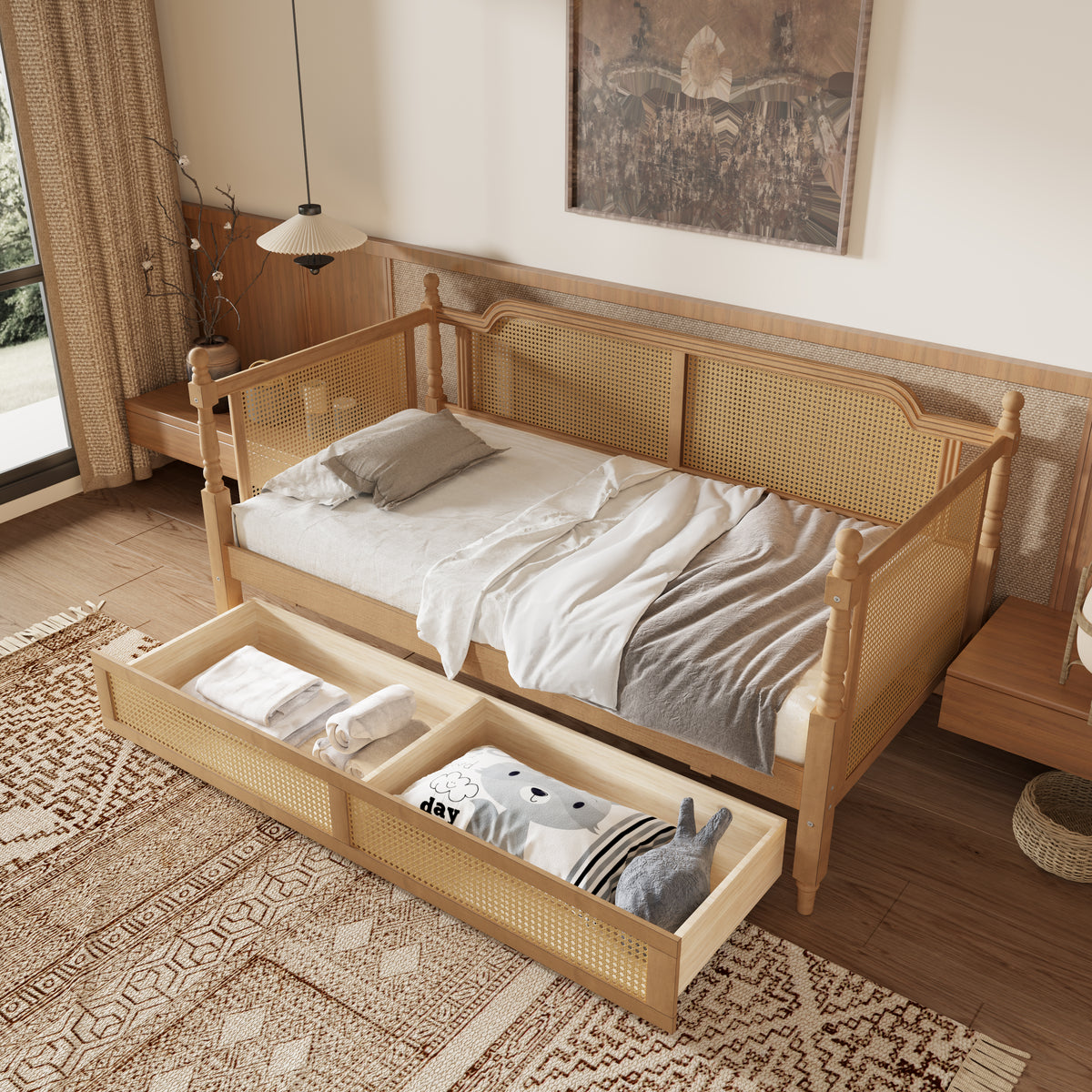 variant-group:rf-n701bs701p415472d|Roomfitters Twin Size Traditional Rattan Daybed Frame with 2 Storage Drawers, French Country Wood Bed, No Box Spring, Walnut
