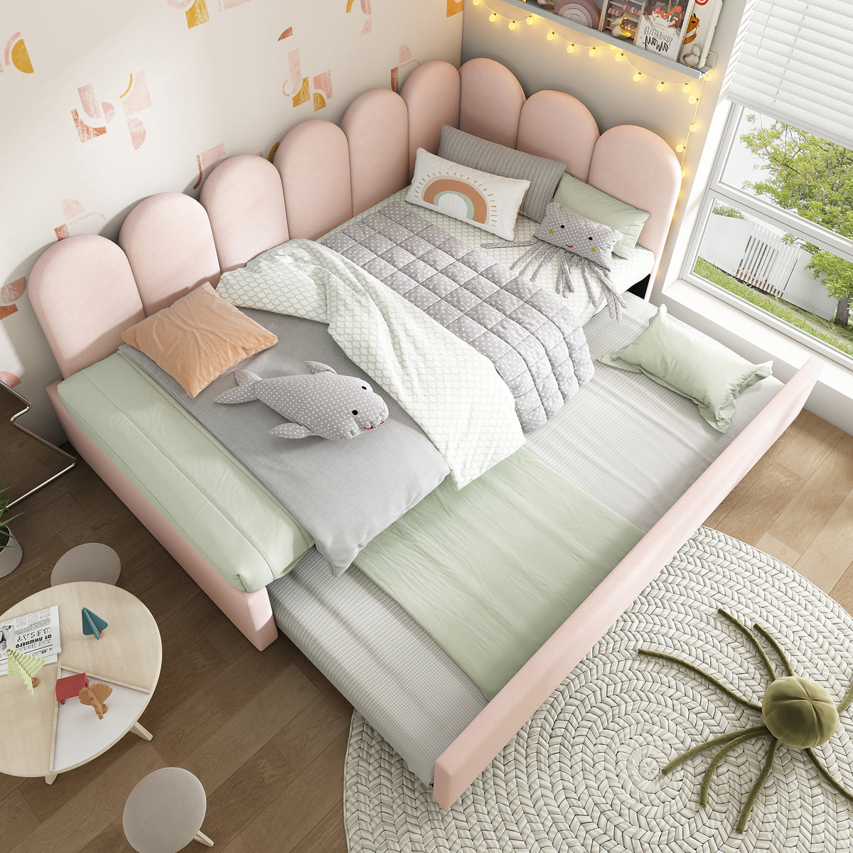 variant-group:rf-n736aa20362122p|Roomfitters Velvet Upholstered Twin Daybed with Pull Out Trundle, Sofa Bed with Metal Slat Frame, Pink