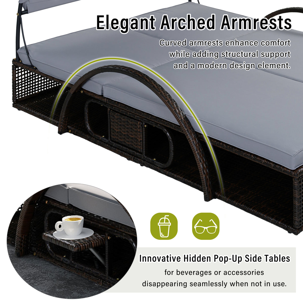 variant-group:rf-n711wy000485aae|Roomfitters Slate Grey HDPE Wicker Outdoor Double Sunbed, Steel Frame Patio Chaise, Hidden Side Tables, Canopy