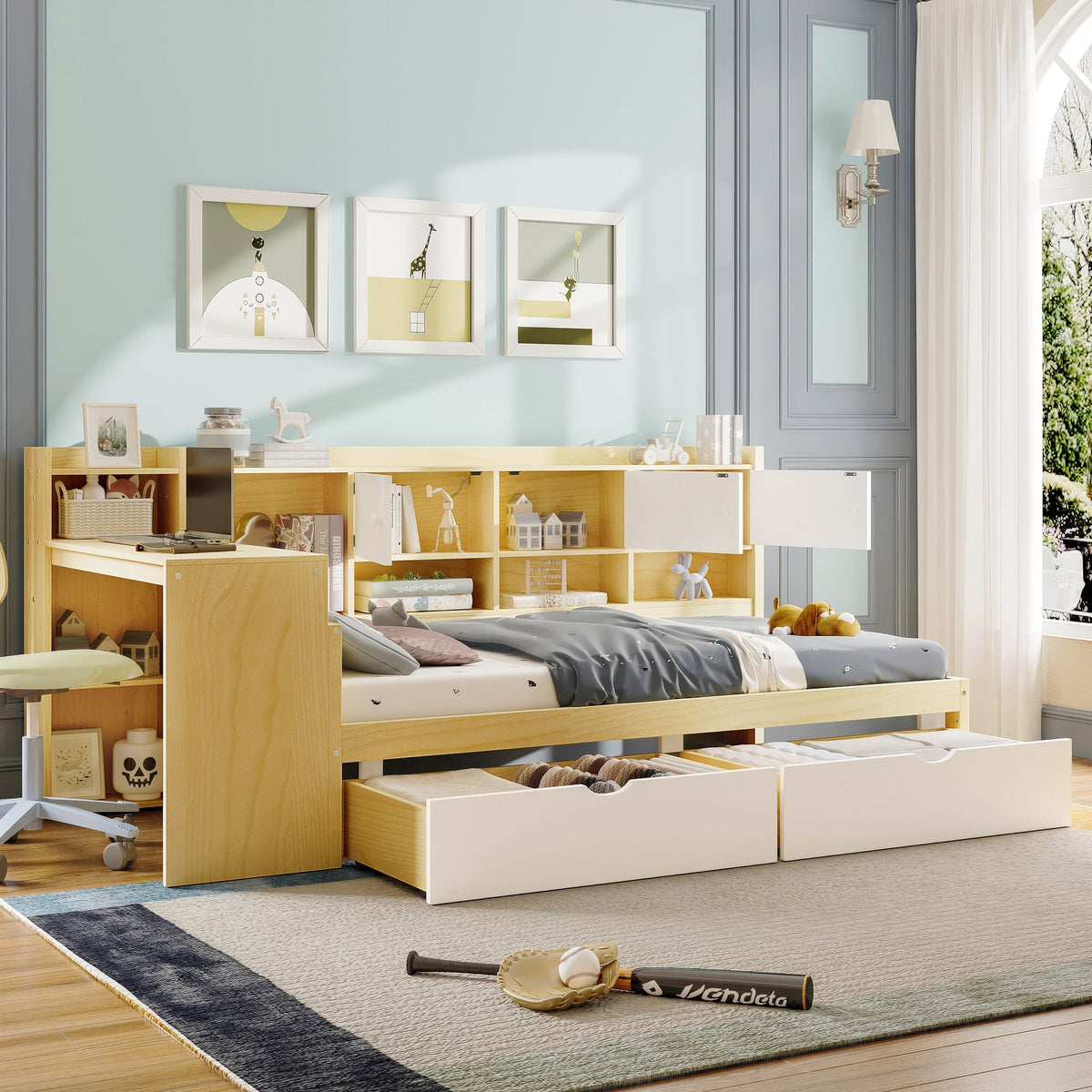 Roomfitters Wooden L-Shape Daybed with Seven Storage Cabinets and Two Storage Compartments, Multi-functional Bed with Study Desk and Built-in Bookshelf, Natural+White
