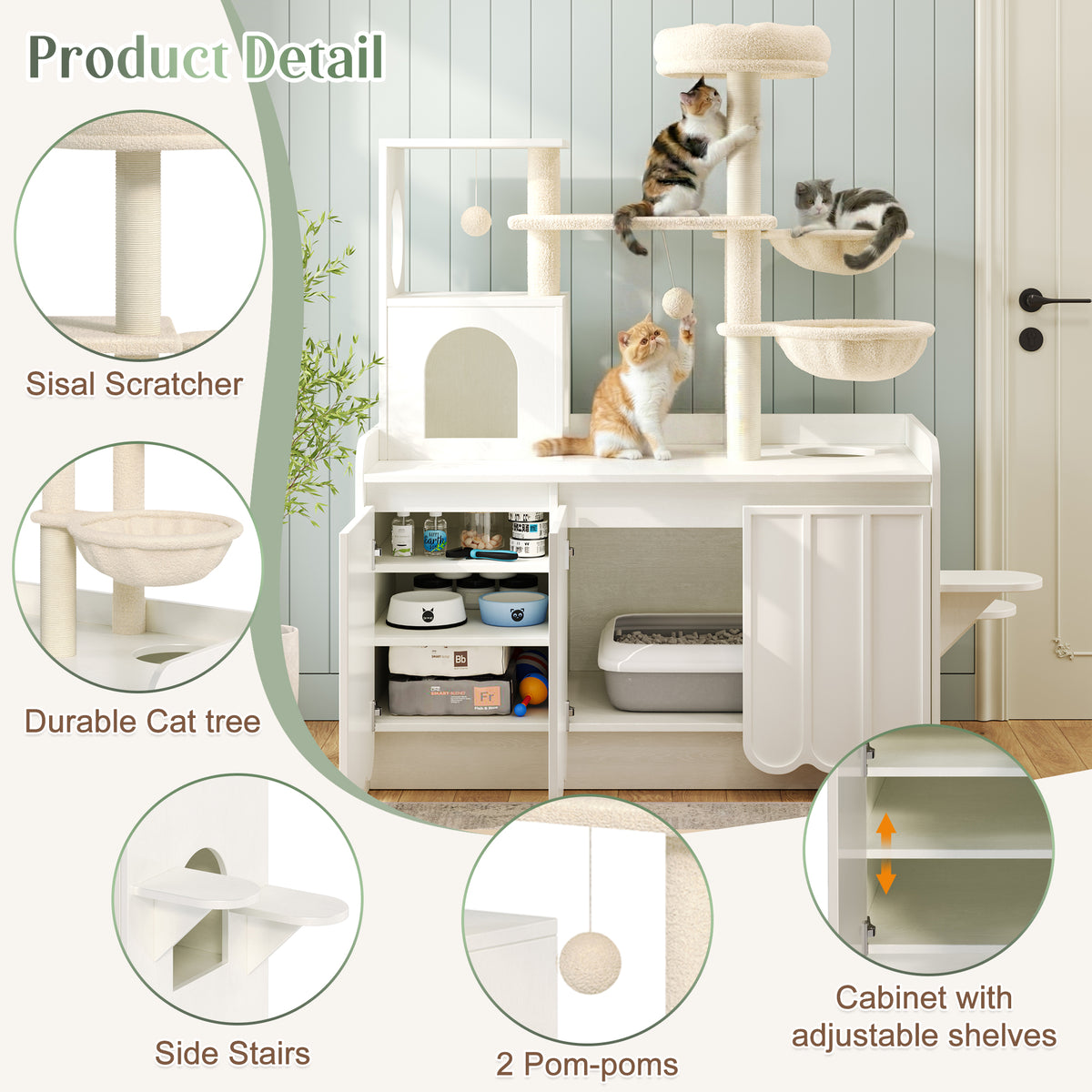 variant-group:rf-n704p443505k|Roomfitters All-in-One Modern Multi-Level Cat Tree Tower Condo with Hidden Litter Box Enclosure Space White