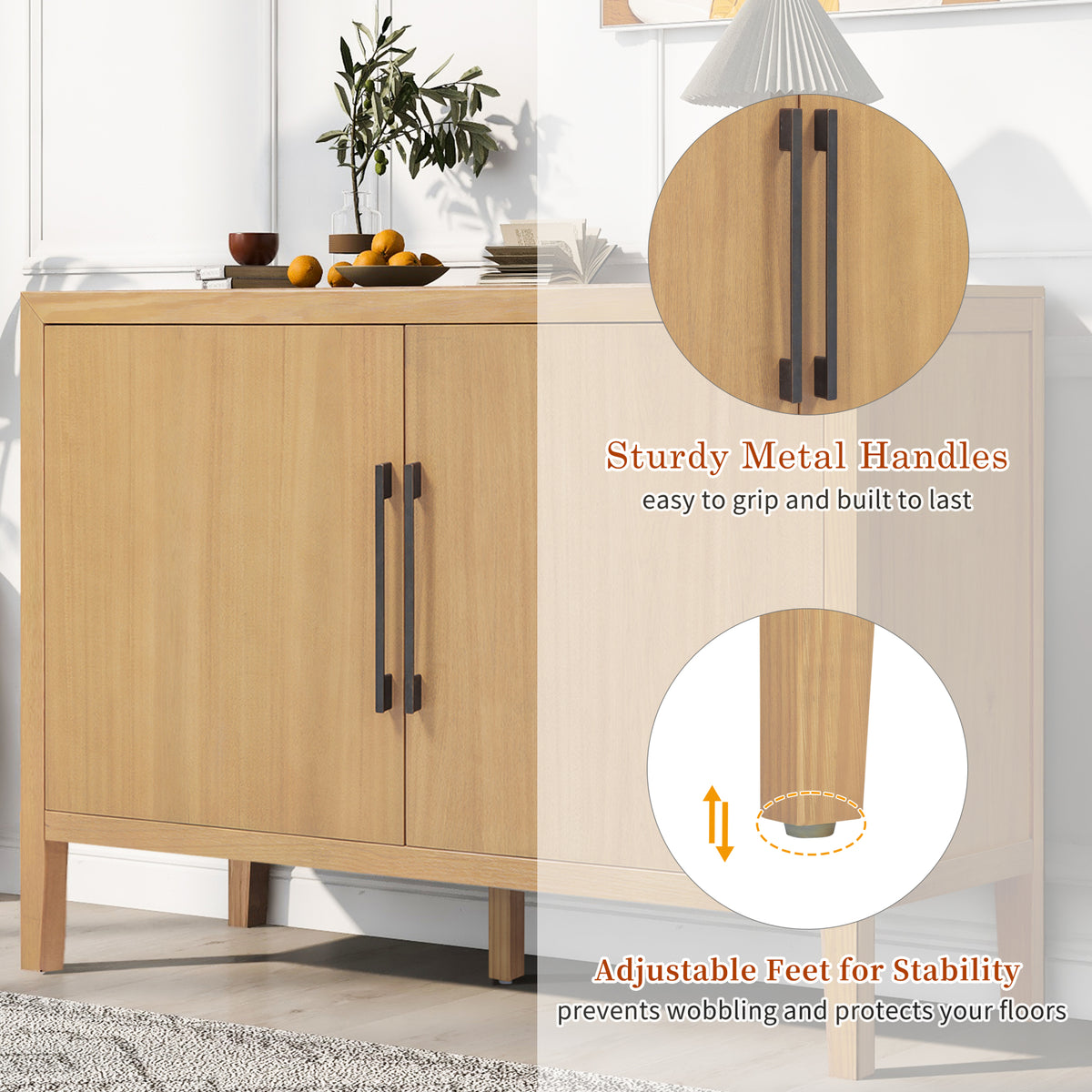 variant-group:rf-n711p410389o|Roomfitters 47.25-Inch Farmhouse Sideboard, 2-Door Buffet Cabinet, Natural Wooden Storage Console, Metal Handles
