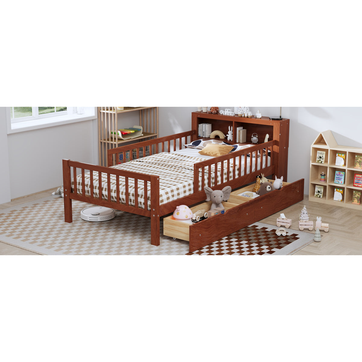 variant-group:rf-n733p272374d|Roomfitters Twin Bed with Headboard Storage Rack, Under-Bed Storage and Three-Side Guardrails, Walnut
