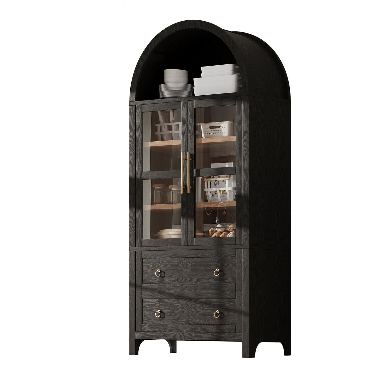 variant-group:rf-n707p288972b|Roomfitters 71" Pantry Cabinet with Arched Top and Glass Doors, 2 Storage Drawers and Adjustable Shelves for Kitchen, Black