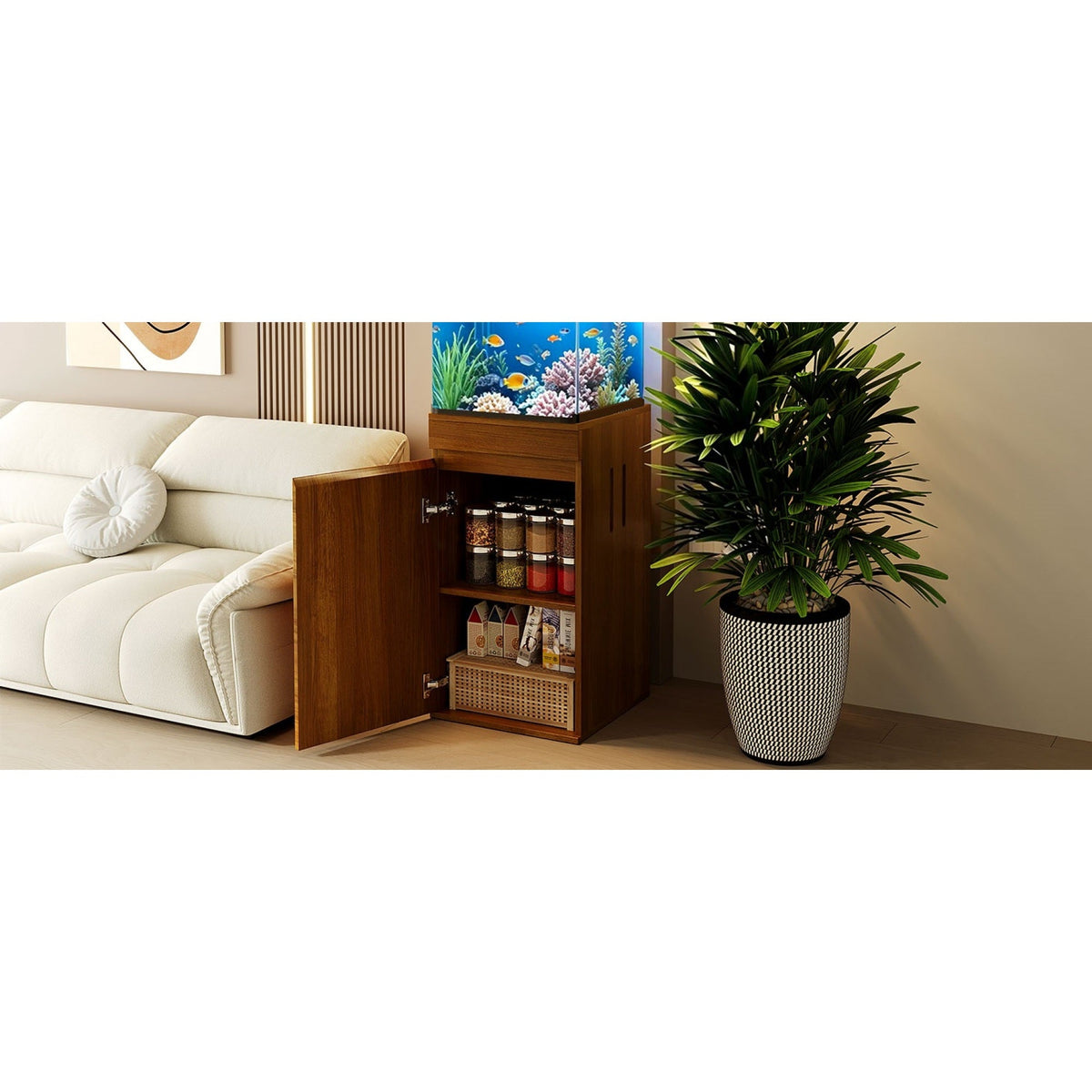 Roomfitters 10-15 Gallon Small Fish Tank Stand with Storage Cabinet and Side Power Outlets Walnut Brown Roomfitters