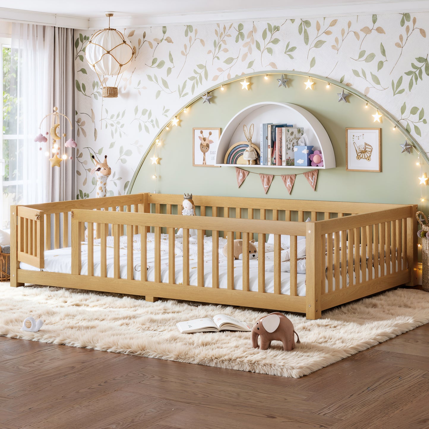 variant-group:rf-w1580p462325|Roomfitters Queen Size Wooden Floor Bed Frame with Safety Guardrails Door, Solid Wood Low Profile Toddler Play Bed, Natural