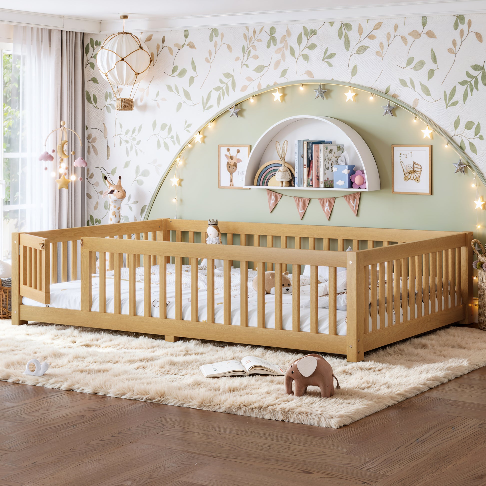 variant-group:rf-w1580p462325|Roomfitters Queen Size Wooden Floor Bed Frame with Safety Guardrails Door, Solid Wood Low Profile Toddler Play Bed, Natural