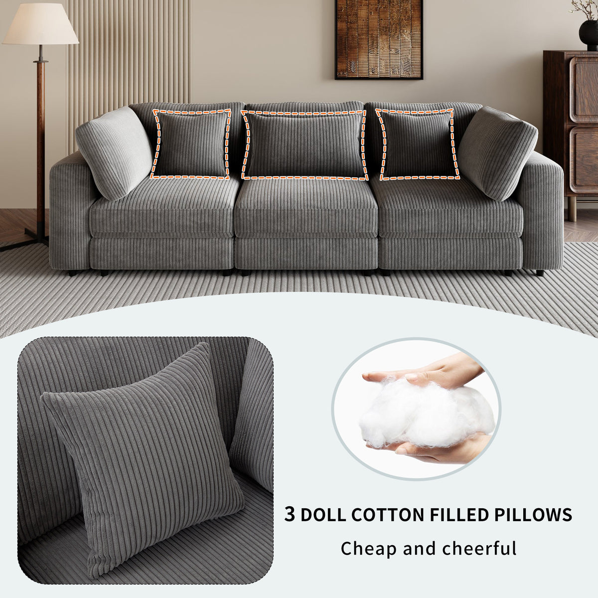 variant-group:rf-n711wy000403aae|Roomfitters 105" 3-Seater Sofa with Removable Back Cushions and 5 Pillows, Comfortable Couch for Living Room, Gray
