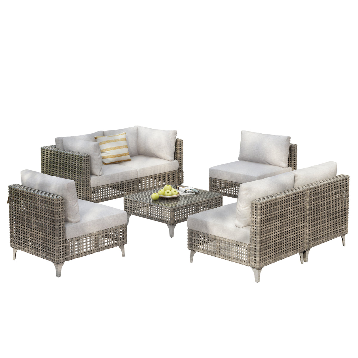 variant-group:rf-n707s000011g|Roomfitters 7-Piece Wicker Patio Furniture Set, Outdoor Sectional Sofa with Water-Resistant Cushions, Table, Grey