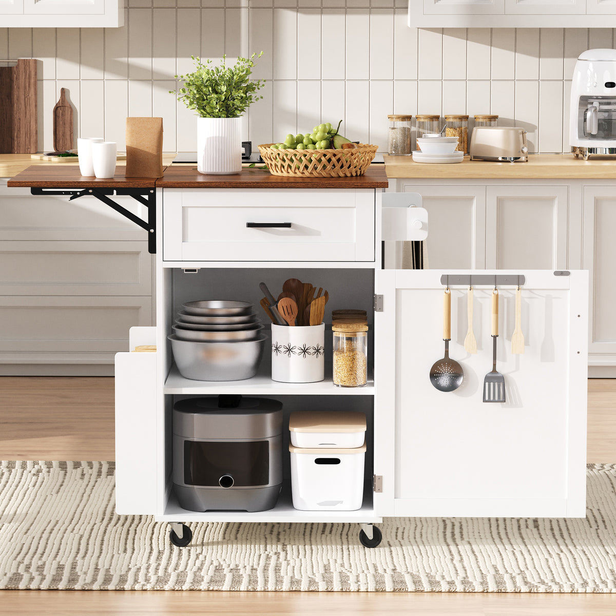 variant-group:rf-n707p404539w|Roomfitters 39.3" Kitchen Island with Drop Leaf, Rolling Kitchen Cart with Storage Drawer and Spice Rack, Modern Style, White