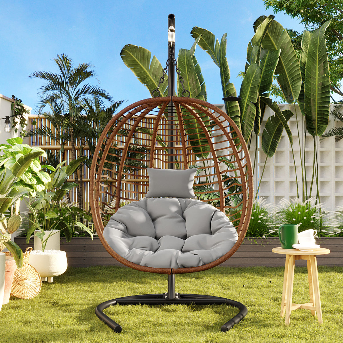 variant-group:rf-n711p389503g|Roomfitters Single Person Folding Egg Chair with Stand, UV Resistant Wicker Rattan Swing for Patio, Garden, Brown+Gray