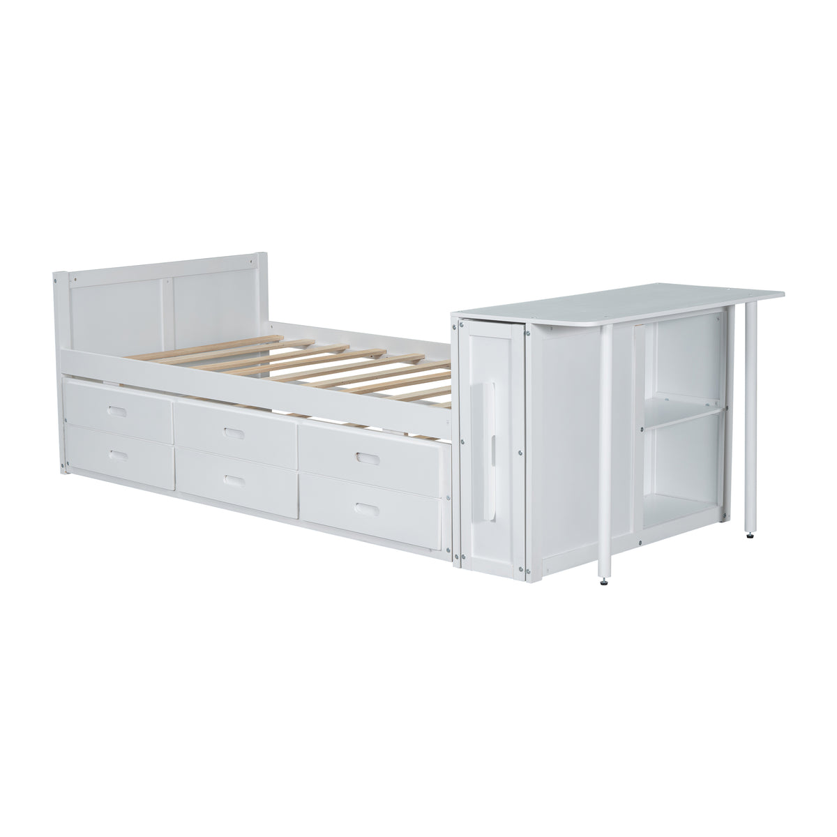 variant-group:rf-n733s212832k|Roomfitters Twin Size Multifunctional Wood Platform Bed with Desk and Storage Shelf, Built-in Trundle and Storage, White