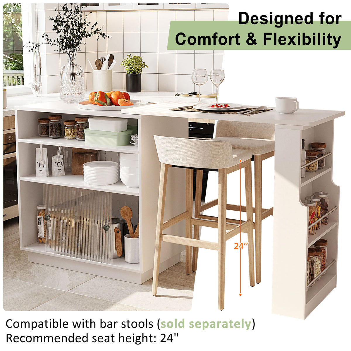 variant-group:rf-n711p437809k|Roomfitters White MDF Counter Height Kitchen Island Sideboard Cabinet, Extendable Table, Acrylic Sliding Doors