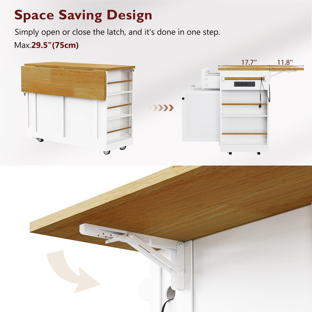 Roomfitters 48" Kitchen Island with 2 Bar Stools, Drop Leaf, Power Outlet, Rolling Cart with Side Shelves, White