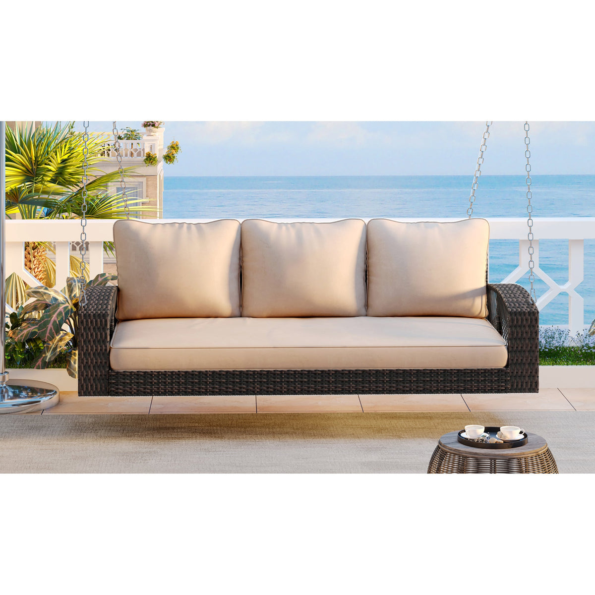 Roomfitters 69" PE Wicker 3-Person Porch Swing, Large Patio Swing Bench with Chains & Cushions, Backyard & Garden, Brown Roomfitters