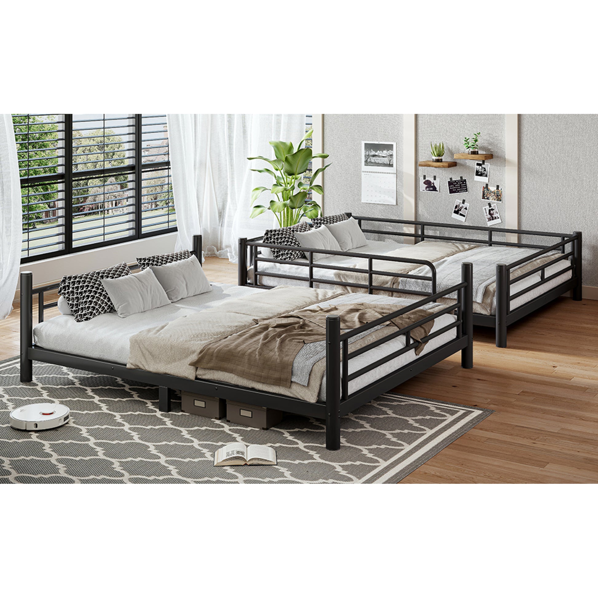 variant-group:rf-w1580s00607|Roomfitters Queen over Queen Metal Bunk Bed Frame for Teens Adults, Convertible 2 Separate Beds Round Tube, Black