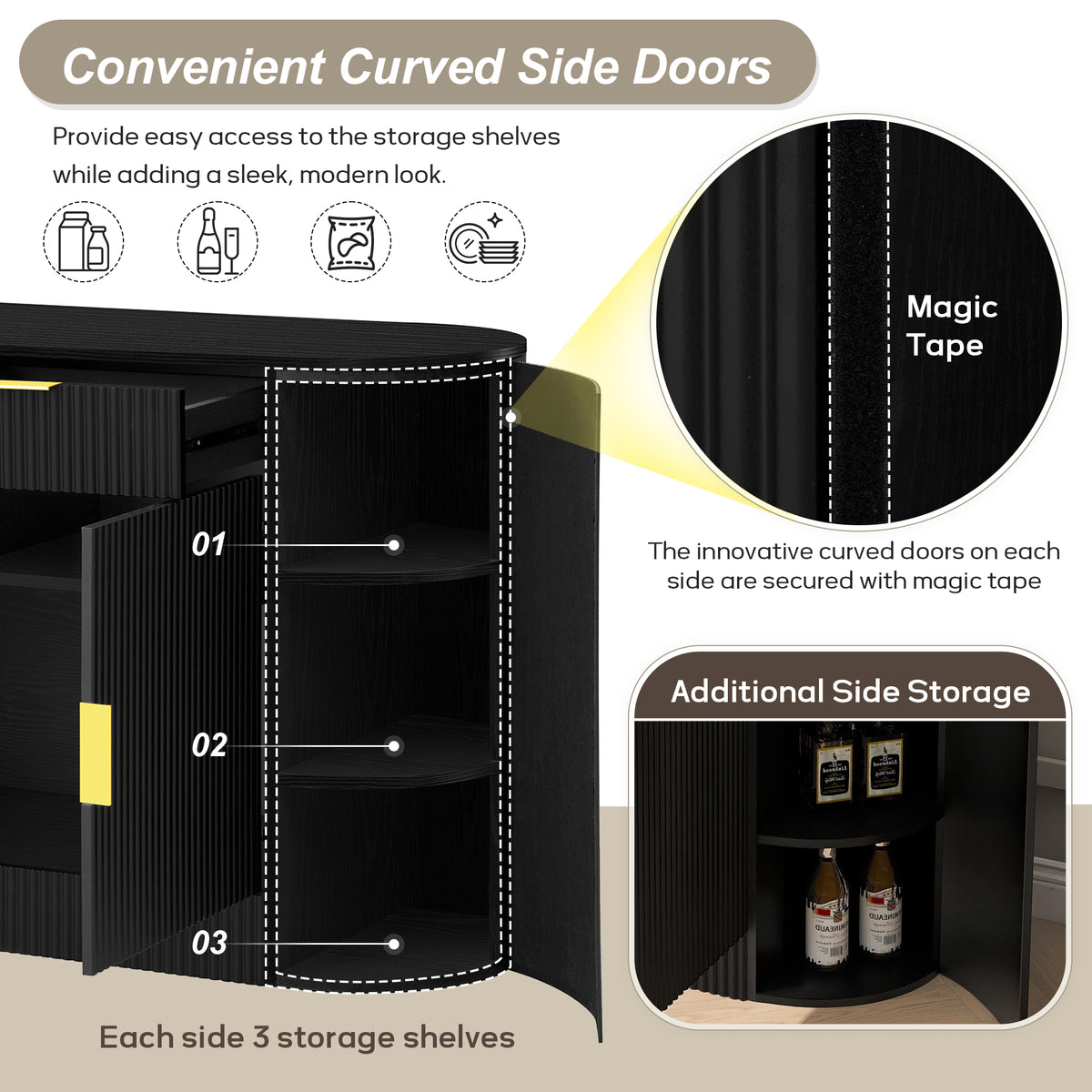 variant-group:rf-n711p345168b|Roomfitters 55.1" Oval Sideboard Buffet Cabinet with 2 Drawers & Wine Rack, Mid-century Modern Fluted Accent for Dining, Black