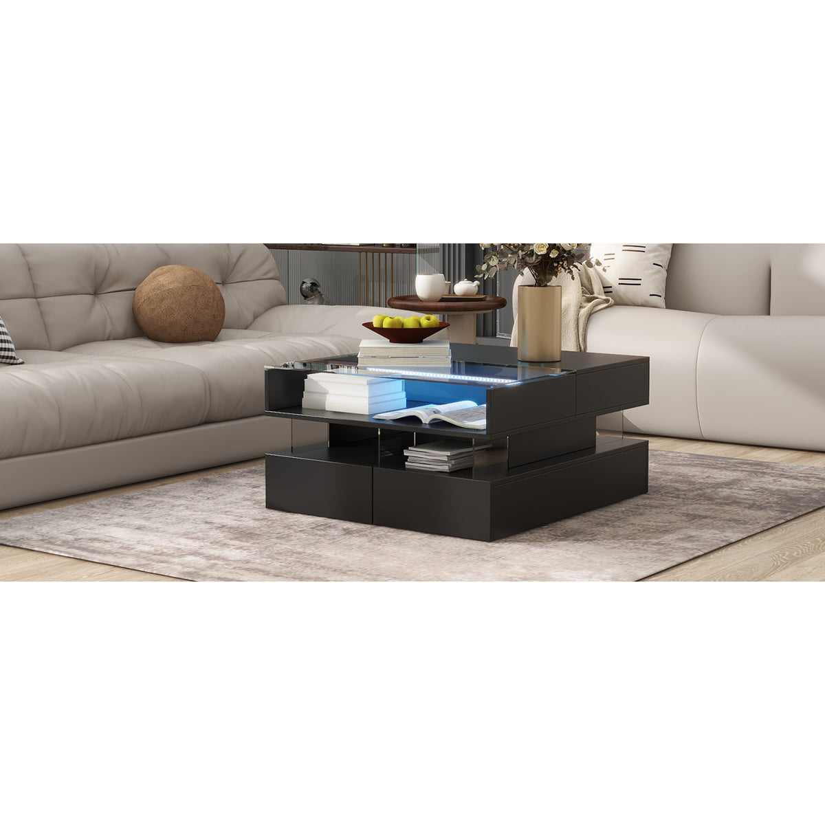 variant-group:rf-n724p290043b|Roomfitters Lift-Top Square Coffee Table with Glass Surface, Hidden Storage, High Gloss Finish, Black