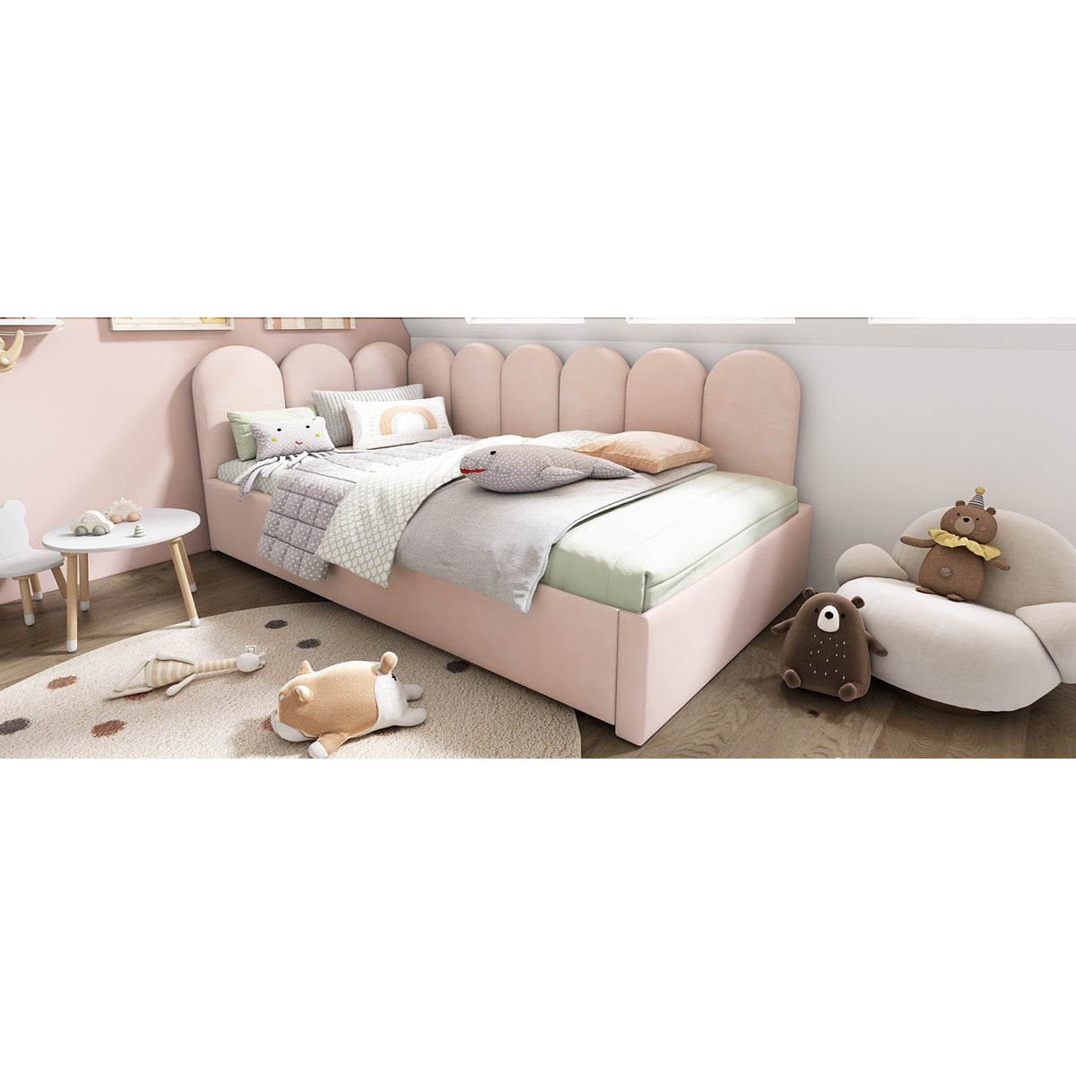 variant-group:rf-n736aa20362122p|Roomfitters Velvet Upholstered Twin Daybed with Pull Out Trundle, Sofa Bed with Metal Slat Frame, Pink