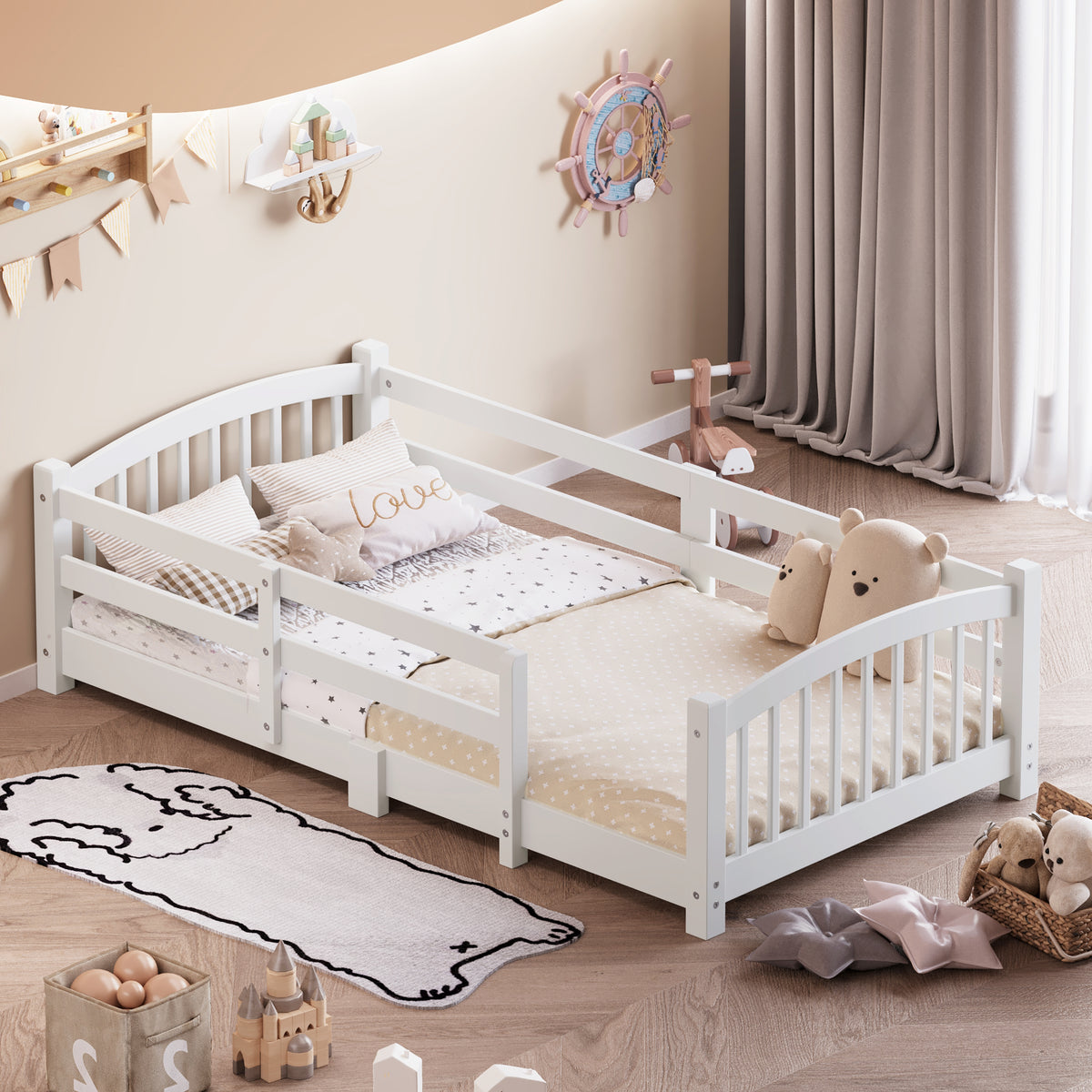 variant-group:rf-n733p400298k|Roomfitters Twin Montessori Floor Bed with Guardrails, Solid Wood Low Platform Bed with Slats, Easy Assembly, White