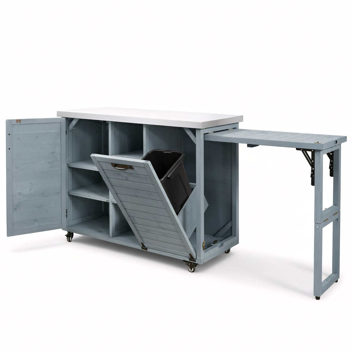 variant-group:rf-n707p370276g|Roomfitters 78.3" Outdoor Kitchen Island with Foldable Grill Table, Stainless Steel Top & Tilt Trash Can Storage, Grey Blue