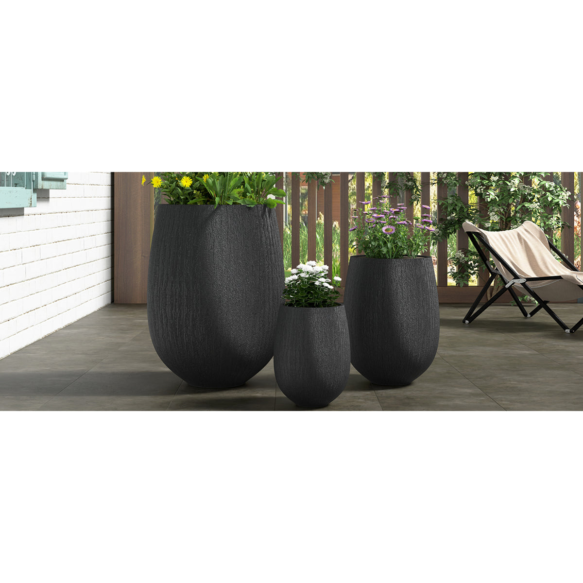 variant-group:rf-n711p406659b|Roomfitters Modern Egg-Shaped MGO Planter Set, 3-Piece Textured Faux Stone Flower Pots, Black Patio Garden Urns