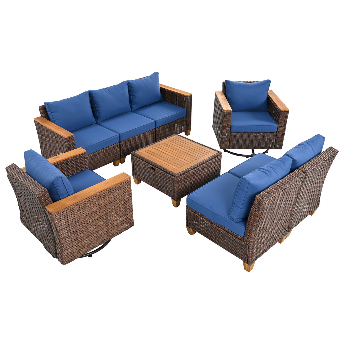 variant-group:rf-n707s005016e|Roomfitters 8-Piece Patio Furniture Set with 360 Swivel Rocker Chairs, Modular Outdoor Sectional Sofa & Table, Blue+Brown
