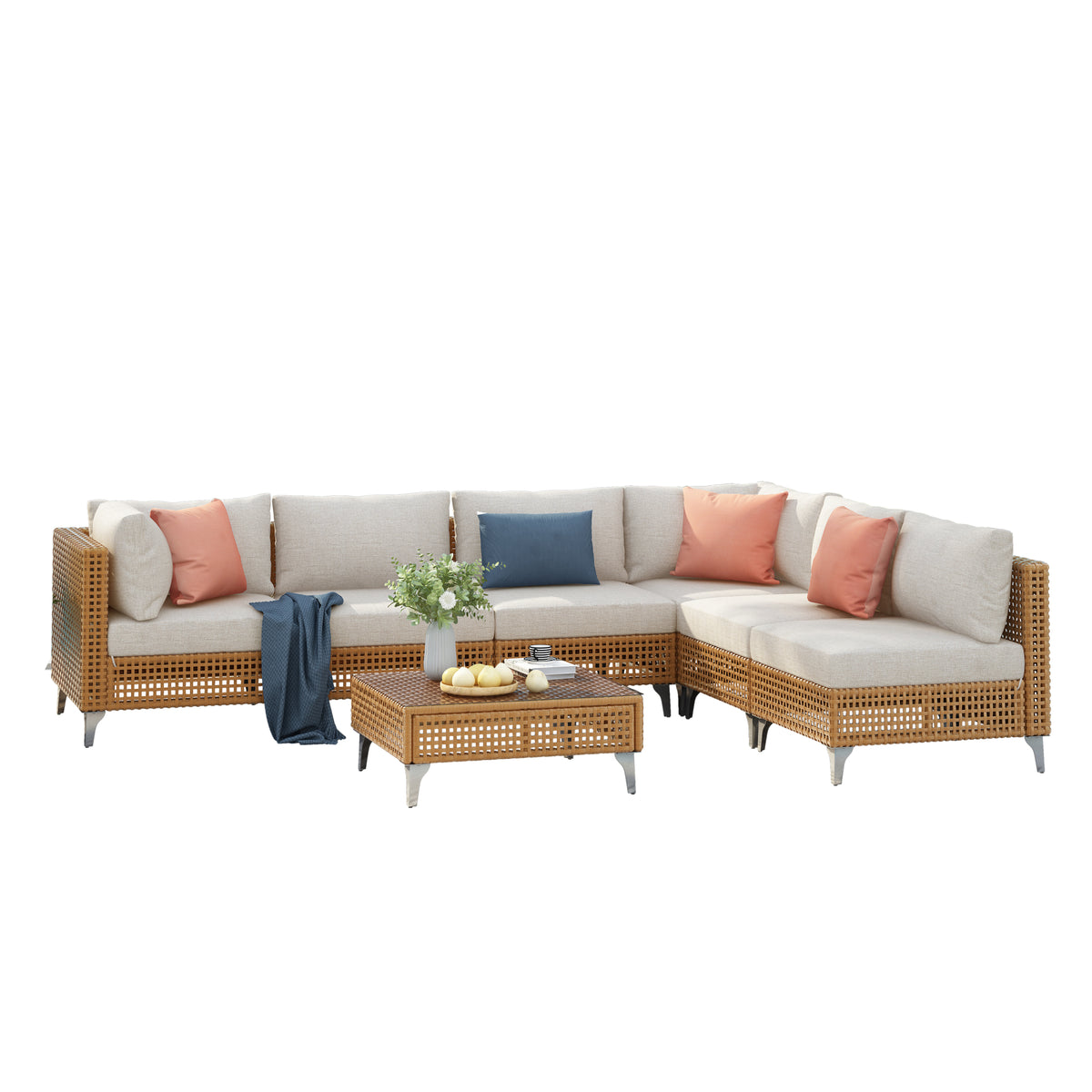 variant-group:rf-n707s000011z|Roomfitters 7-Piece Wicker Patio Furniture Set, Outdoor Sectional Sofa with Water-Resistant Cushions, Table, Natural