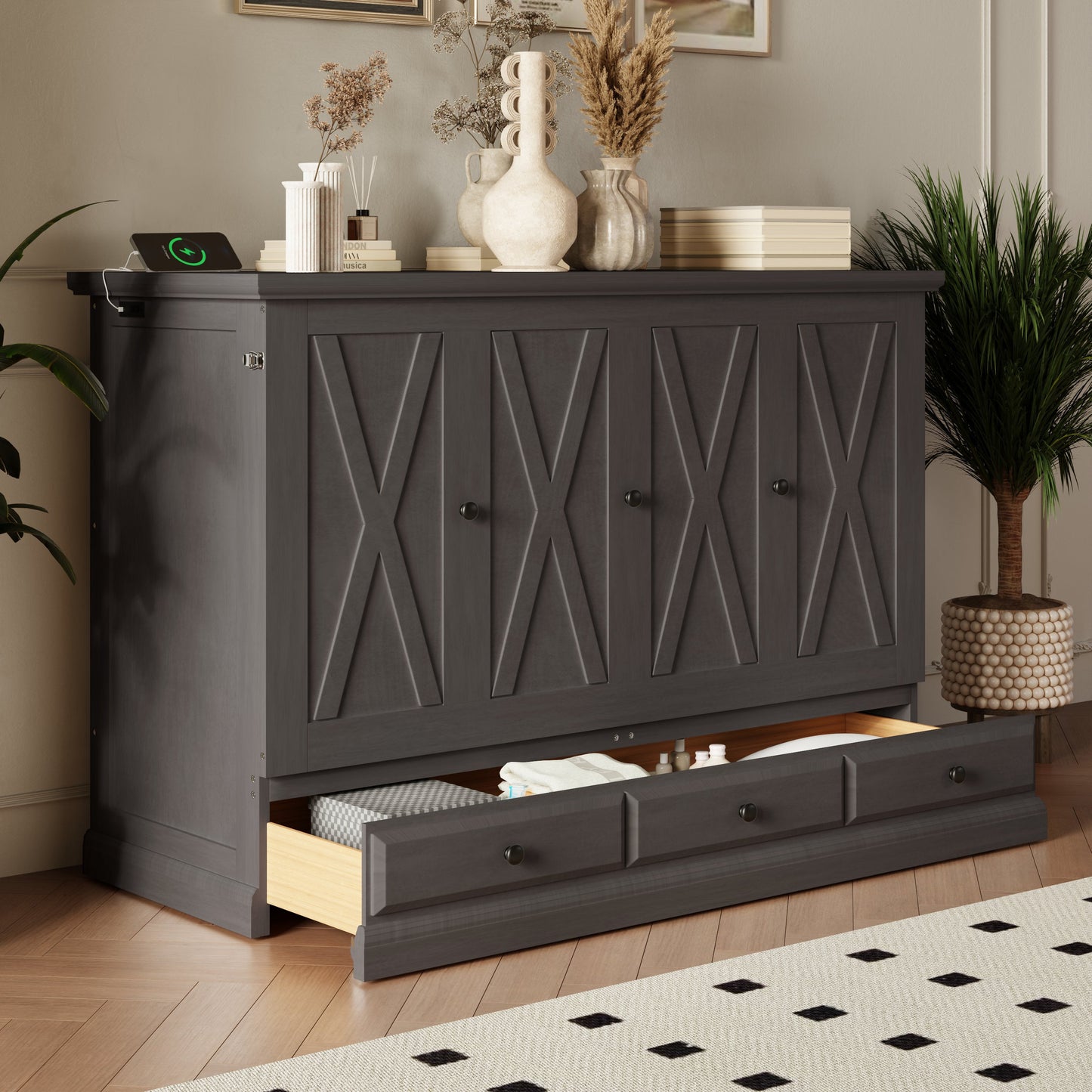 Roomfitters Full Size Solid Wood Murphy Bed Chest Cabinet, Farmhouse Wall Bed Charging Station Storage Drawer, Grey Roomfitters