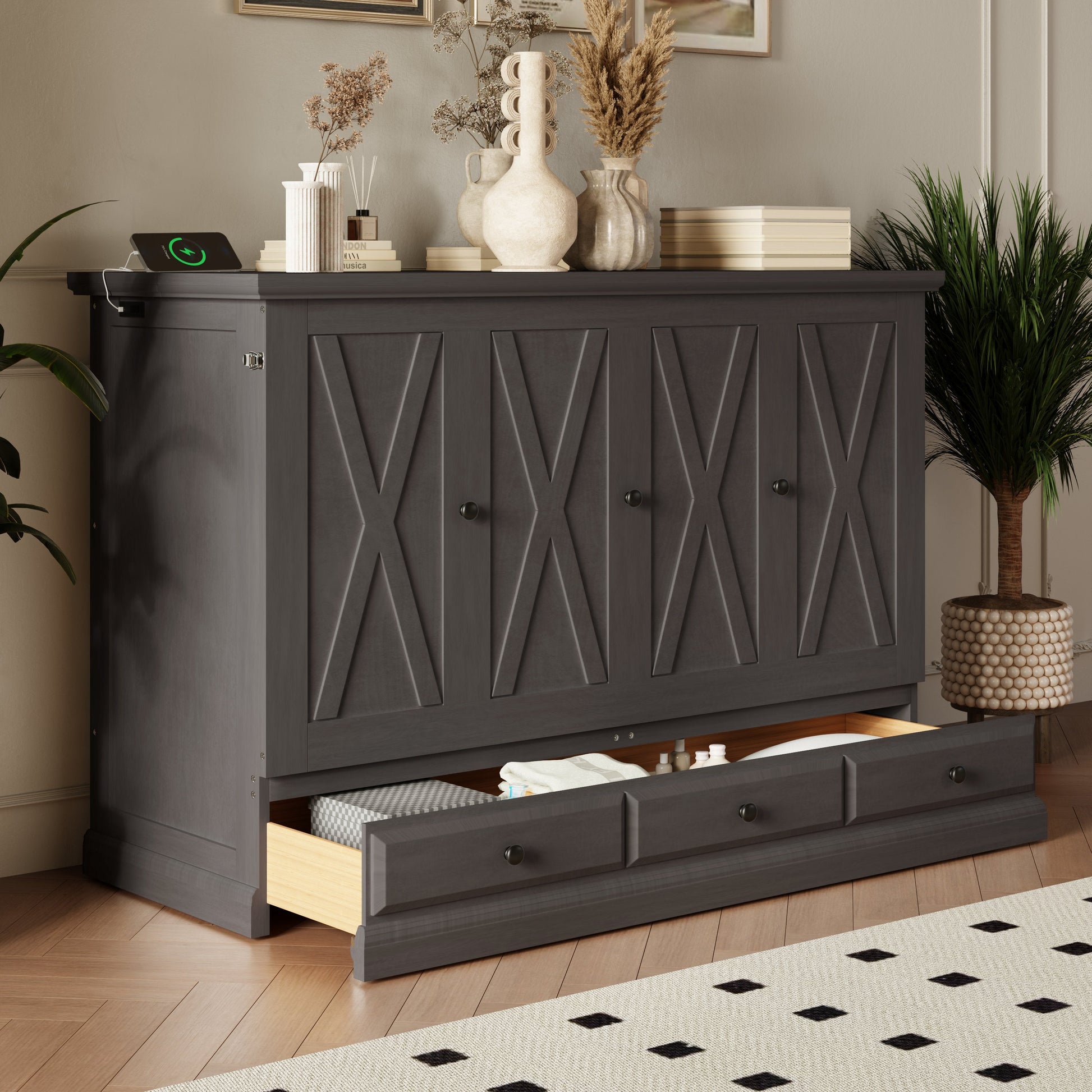 Roomfitters Full Size Solid Wood Murphy Bed Chest Cabinet, Farmhouse Wall Bed Charging Station Storage Drawer, Grey Roomfitters