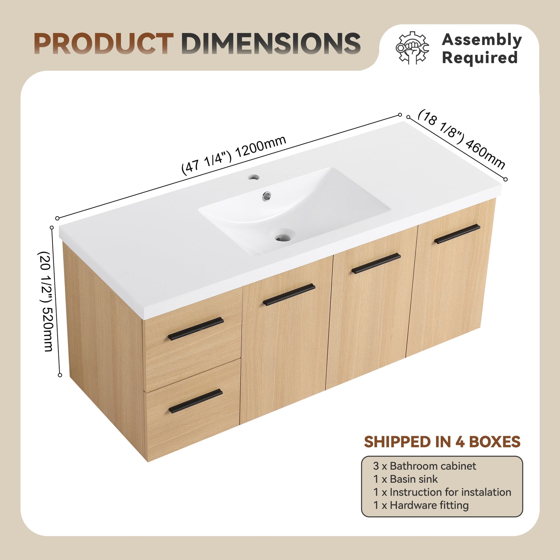 48" Light Oak Floating Bathroom Vanity with Sink, Modular 3-Piece Cabinet (2-Door + 1-Door + 2-Drawer), Gel-Coat Integrated Sink Top, Wall-Mounted, 4 Packages Roomfitters