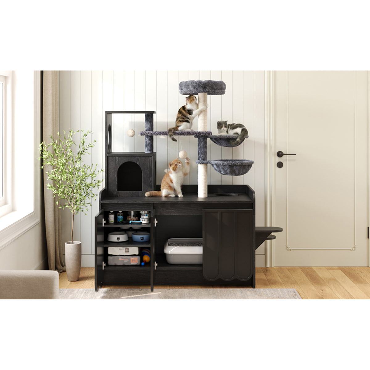 variant-group:rf-n704p443505b|Roomfitters All-in-One Modern Multi-Level Cat Tree Tower Condo with Hidden Litter Box Enclosure Space Black