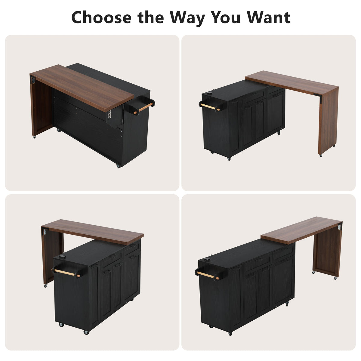 variant-group:rf-n707s000026b|Roomfitters 102.3" Kitchen Island with Tilt Out Trash Can Cabinet, Rolling Storage Cart, Slide-out Spice Rack, Black